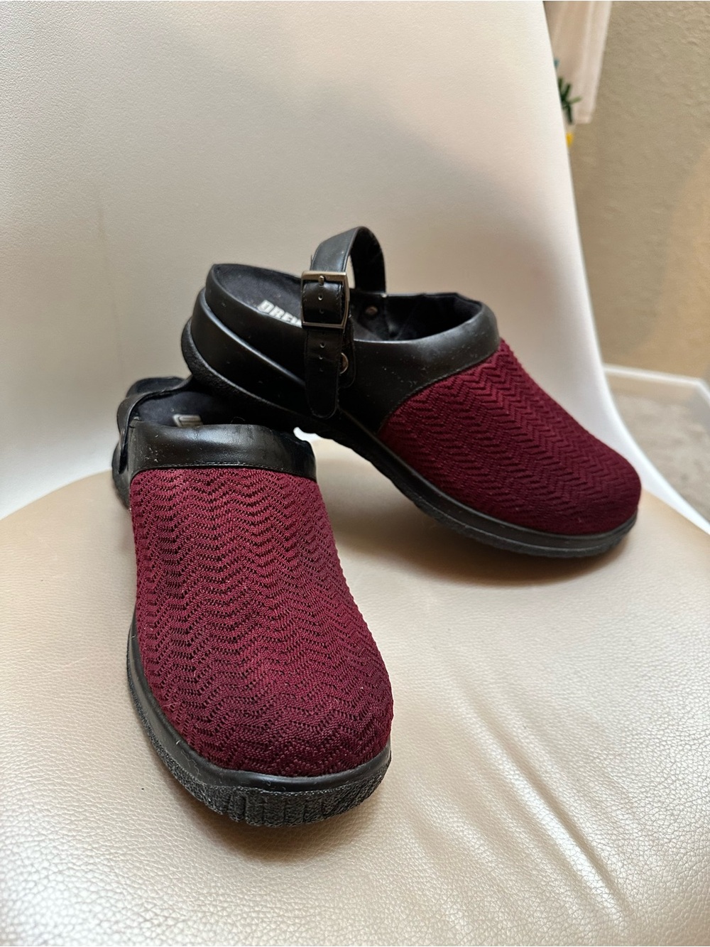 Drew Savannah Women 10.5W Clog Mule Slip-On Comfort Burgundy Black Sling Chunky
